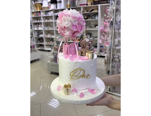 Декор на торт "Вафельна куля, ведмедики, додаткові пелюстки, 2 подаруночки, топпер One"