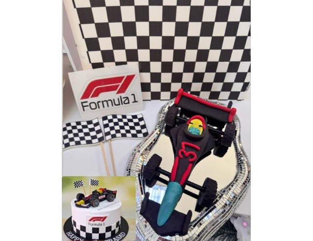 Декор "спортивна машина, емблема формула 1, прапорці, цукровий друк - квадрати"